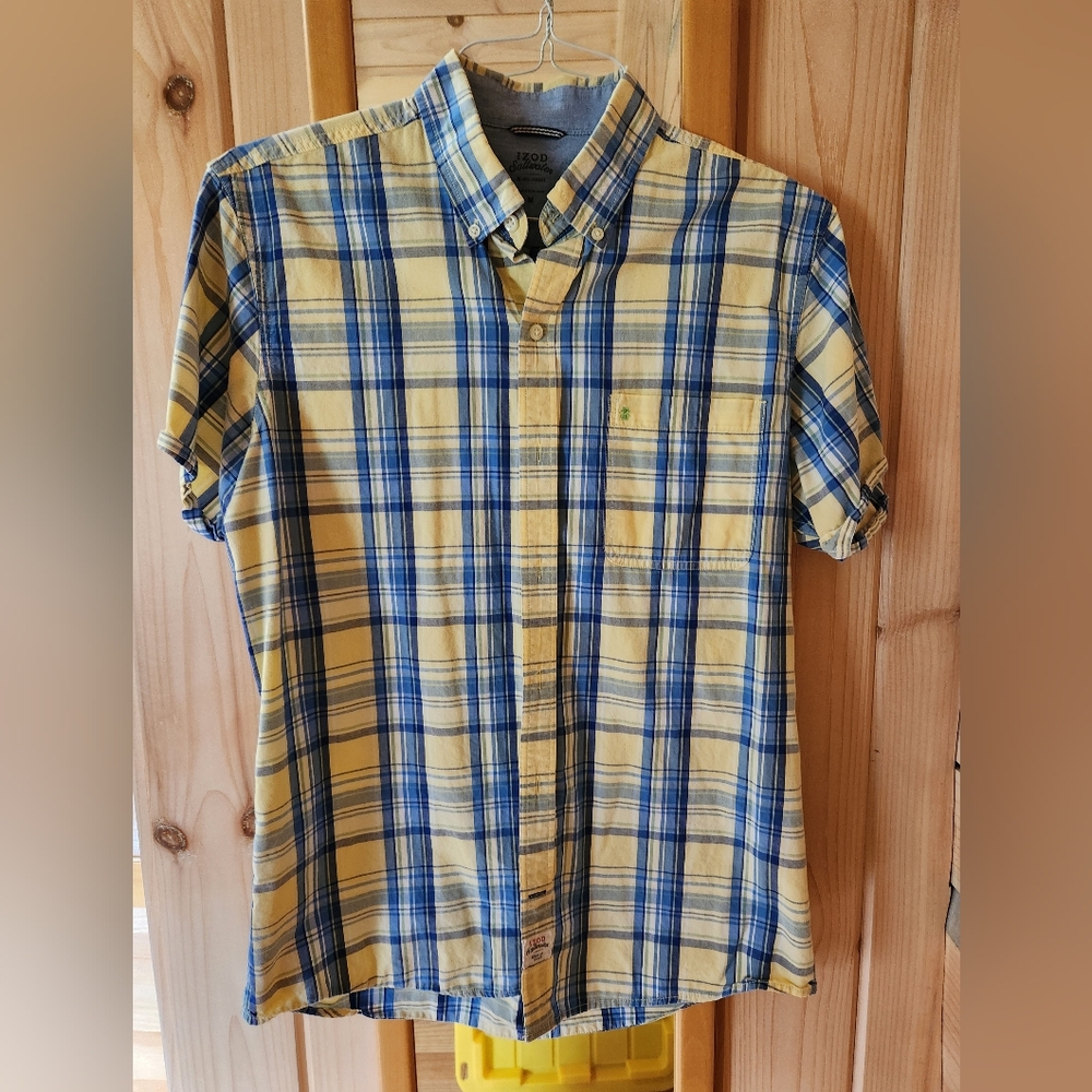 Mens Izod Saltwater yellow and blue plaid short sleeve collared button down Sz M